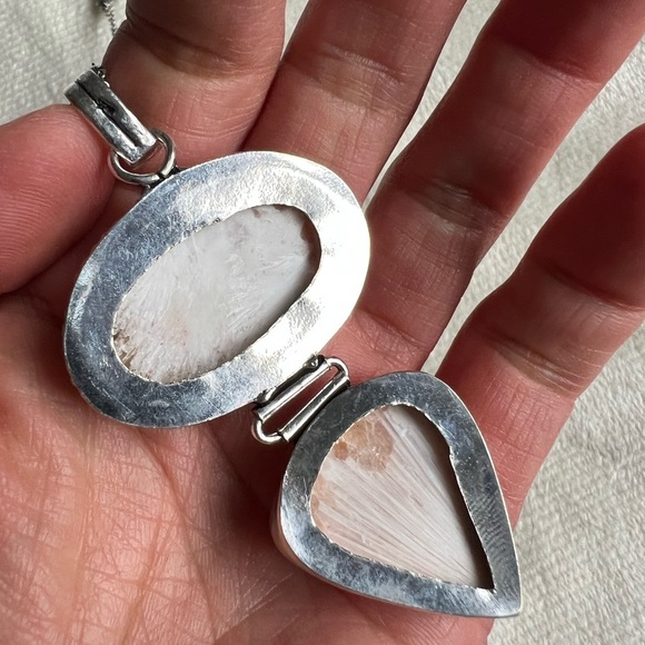 925 Double Scolecite w/ Peach Stilbite Pendant Necklace - Picture 4 of 5